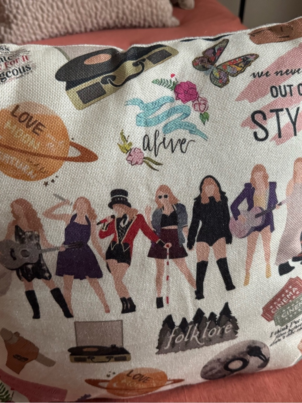 Taylor Swift Printed Canvas Pillow in Cream with Album Hits Illustrations